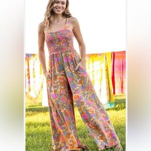 Natural Life Pink and Yellow Floral Jumpsuit with Spaghetti Straps
